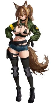 1girl absurdres animal_ear_fluff animal_ears armband belt black_boots black_bra black_choker blue_shorts boots bra breasts brown_eyes brown_hair cadpat callisto_(greyeth) choker commentary commission denim denim_shorts dog_tags english_commentary fox_ears fox_girl fox_tail full_body glock gloves green_jacket gun handgun hands_on_own_hips highres holster jacket knee_pads large_breasts lars_artbro leaf long_hair long_sleeves looking_at_viewer maple_leaf multicolored_hair navel navel_piercing original piercing ribbon short_shorts shorts simple_background smile solo streaked_hair tail tentacle_hair thigh_holster thighhighs underwear variant_set weapon white_background yellow_armband