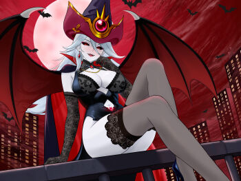 1girl absurdres bat_(animal) bertstudent black_gloves black_thighhighs breasts cape cleavage cleavage_cutout clothing_cutout colored_skin demon_wings duel_monster earrings elbow_gloves gloves grey_skin hair_between_eyes hat highres jewelry large_breasts looking_at_viewer moon navel_cutout night night_sky parted_lips red_eyes red_moon red_sky silent_magician sitting sky thighhighs two-tone_cape two-tone_hat wings wizard_hat yu-gi-oh!
