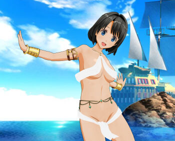 1girl 3d areola_slip armlet beads black_hair blue_eyes blush boat breasts classmate_daisuki cloud collarbone dancer female_focus harem_outfit jewelry loincloth looking_at_viewer medium_breasts navel ocean open_mouth outdoors pussy pussy_peek rock short_hair sky smile solo standing water watercraft wristband