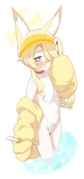 1girl absurdres animal_ear_fluff animal_ears blonde_hair blue_archive breasts clothing_cutout commentary_request covered_navel cow_coconut cowboy_shot cross_halo diamond_cutout fox_ears fox_girl fox_tail halo highleg highleg_one-piece_swimsuit highres jacket long_hair official_alternate_costume official_alternate_hairstyle one-piece_swimsuit orange-tinted_eyewear orange_eyes seia_(blue_archive) seia_(swimsuit)_(blue_archive) side_ponytail small_breasts solo sunglasses swimsuit tail tinted_eyewear visor_cap wading water white_one-piece_swimsuit yellow_halo yellow_jacket yellow_visor