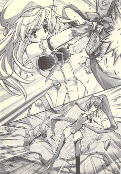 Rule 34 | 2girls, bandeau, battle, black bandeau, black gloves, black panties, blood tune, chaos;head, detached sleeves, earrings, fingerless gloves, gloves, greyscale, highres, holding, holding weapon, jewelry, long hair, magical girl, monochrome, multiple girls, necktie, official art, panties, red necktie, samurai condenser, scan, science adventure, sedna fevrier, seira orgel, underwear, weapon, white sleeves, yukiwo