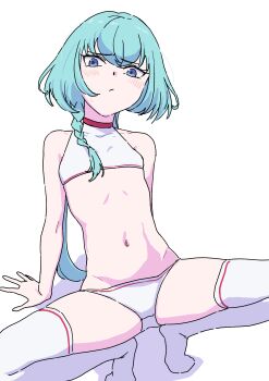 1girl :/ absurdres aikatsu!_(series) aikatsu_friends! alicia_charlotte aqua_hair arm_support bikini blue_eyes blush braid flat_chest highres long_hair looking_at_viewer low_twintails navel osame side_braid solo squatting swimsuit thighhighs twintails white_bikini white_thighhighs