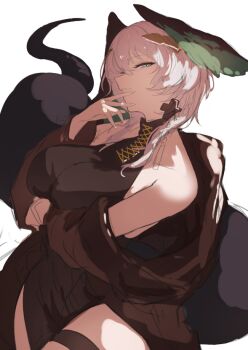 1girl arknights black_dress breasts commentary dress feathered_wings grey_hair head_wings ho&#039;olheyak_(arknights) ho&#039;olheyak_(ritual_of_immortality)_(arknights) large_breasts long_dress medium_hair sakikov side_slit snake_girl snake_tail solo symbol-only_commentary tail wings