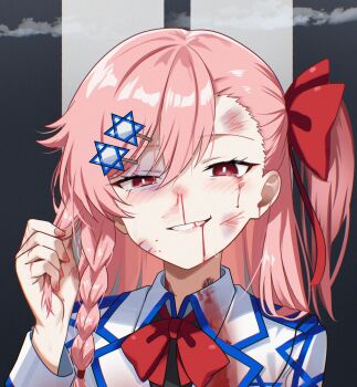 1girl blood blood_from_mouth blood_on_face blush bow bowtie braid bruise bruise_on_face bruised_eye collared_dress commentary danraz0r dress english_commentary fingernails girls&#039;_frontline grin hair_between_eyes hair_bow hair_ornament hairclip hand_in_own_hair highres injury long_hair long_sleeves looking_at_viewer nail_polish negev_(girls&#039;_frontline) nosebleed one_side_up pink_eyes pink_hair pink_lips pink_nails red_bow red_bowtie ryona smile solo star_(symbol) star_hair_ornament tearing_up tears white_dress