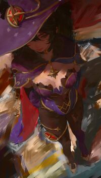 1girl absurdres arms_behind_back black_choker black_hair black_pantyhose breasts brooch brush_stroke capelet choker daodtt elbow_gloves from_above genshin_impact gloves gold_thighlet hair_between_eyes hat highleg highleg_leotard highres jewelry leotard looking_ahead medium_breasts mona_(genshin_impact) one_eye_covered pantyhose purple_hat purple_leotard solo star_(symbol) star_brooch star_choker strapless strapless_leotard thighlet traditional_media witch_hat
