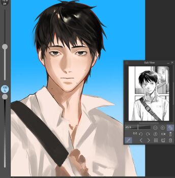 1boy art_program_in_frame black_hair closed_mouth collared_shirt commentary crossbody_bag english_commentary eohme grey_eyes highres hikaru_ga_shinda_natsu looking_at_another male_focus mole mole_on_cheek mole_on_neck mole_under_eye mole_under_mouth multiple_moles official_alternate_hairstyle reference_inset shirt slit_pupils tsujinaka_yoshiki white_shirt