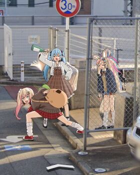 Rule 34 | 3girls, animal ear fluff, animal ears, blonde hair, blue hair, bow, bowtie, breasts, closed mouth, collared shirt, felutiahime, fox ears, fox girl, fox tail, hair between eyes, high school girls posing for google street view (meme), highres, hololive, jacket, long hair, long sleeves, mark under eye, meme, momosuzu nene, multicolored bow, multicolored bowtie, multicolored hair, multiple girls, omaru polka, open mouth, school uniform, shirt, skirt, smile, streaked hair, tail, virtual youtuber, white shirt, yukihana lamy