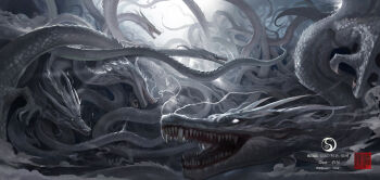 Rule 34 | absurdres, artist logo, artist name, claws, commentary request, dragon, eastern dragon, glowing, glowing eyes, highres, logo, missing commentary, monster, no humans, open mouth, osot-, reverend insanity, sharp teeth, teeth, white eyes, wide shot