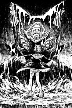 Rule 34 | 1girl, absurdres, ange katrina, ange katrina (1st costume), ankle boots, boots, coat, commentary request, crease, dress, extra eyes, from behind, full body, greyscale, hatching (texture), highres, linear hatching, long sleeves, looking at another, monochrome, monster, nijisanji, outstretched arms, scan, short dress, short hair, shou-star, splashing, standing, traditional media, virtual youtuber, wet