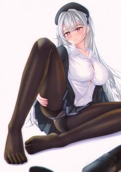 1girl absurdres azur_lane beret black_hat black_shoes black_skirt breasts brown_pantyhose button_gap collarbone collared_shirt commentary_request cross-shaped_pupils dress_shirt flashing hat highres kaidou_nora- large_breasts long_hair looking_at_viewer official_alternate_costume panties panties_under_pantyhose pantyhose pleated_skirt red_eyes scylla_(azur_lane) scylla_(femme_fatale_fresher)_(azur_lane) shirt shoes simple_background skirt smile solo symbol-shaped_pupils underwear very_long_hair white_background white_hair white_panties white_shirt