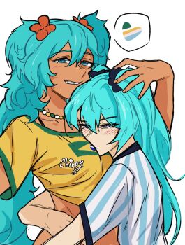 2girls aqua_hair argentina argentinian_flag argentinian_flag_print argentinian_miku blush brazil brazilian_flag brazilian_flag_print brazilian_miku breasts chirpi_575 couple dark-skinned_female dark_skin earrings female_focus flag_print hair_ornament hatsune_miku holding_another's_waist jewelry large_breasts long_hair matching_hair/eyes multiple_girls selfcest shirt short_sleeves shorts_tan simple_background smile striped_clothes striped_shirt tan tanline tanline_peek twintails vocaloid worldwide_miku yellow_shirt yuri