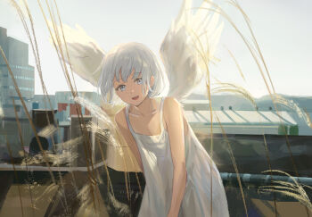 1girl absurdres angel angel_wings backlighting bare_shoulders blue_eyes building collarbone commentary day dress eyelashes grey_hair highres kuza_brs leaning_forward looking_at_viewer open_mouth original outdoors short_hair sky sleeveless sleeveless_dress smile solo standing strap upper_body white_dress white_hair wings