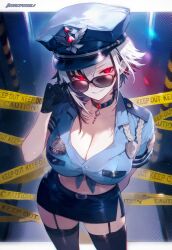 Rule 34 | 1girl, absurdres, ai-assisted, arlecchino (genshin impact), breasts, caution tape, dirresponsibly, genshin impact, gloves, hat, highres, large breasts, looking at viewer, multicolored hair, pale skin, police, police badge, police hat, police uniform, policewoman, red pupils, streaked hair, symbol-shaped pupils, uniform, white hair, x-shaped pupils