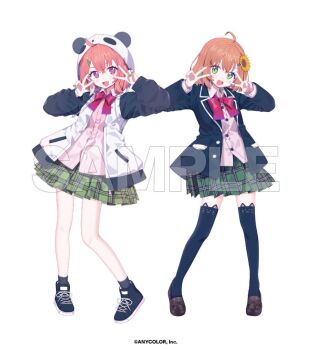 ahoge animal_ears animal_hood black_thighhighs blush bow bowtie collared_shirt commentary_request copyright_notice double_v flower full_body green_eyes green_skirt hair_between_eyes hair_flower hair_ornament hairclip honma_himawari honma_himawari_(1st_costume) hood hood_up hooded_jacket jacket long_sleeves morumoru_x multiple_girls nijisanji open_clothes open_mouth orange_hair panda_ears panda_hood pink_hair pink_shirt plaid_clothes plaid_skirt red_bow red_bowtie sample_watermark sasaki_saku sasaki_saku_(1st_costume) school_uniform shirt simple_background skirt smile sunflower sunflower_hair_ornament thighhighs v virtual_youtuber watermark white_background white_jacket yellow_flower