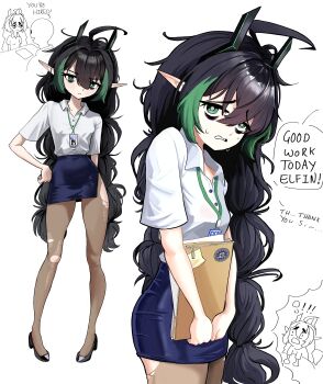 1girl absurdres ahoge bags_under_eyes black_hair bonetaker2 braid dress_shirt elfinpsyop full_body green_eyes green_hair highres indie_virtual_youtuber long_hair messy_hair multicolored_hair office_lady pantyhose pencil_skirt shirt shoes short_sleeves skirt torn_clothes torn_pantyhose twin_braids two-tone_hair virtual_youtuber