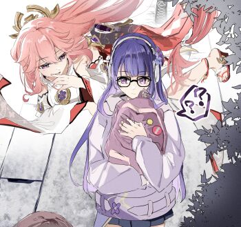 1other 2girls ? absurdres animal_ears armpit_crease backpack bag blue_pupils blunt_ends closed_mouth commentary_request confused contemporary couple detached_sleeves floating fox_ears fox_girl from_above genshin_impact glasses gradient_hair hair_between_eyes happy headphones headpiece highres holding holding_bag hood hood_down hoodie hoyofair hugging_object japanese_clothes jewelry long_hair long_sleeves looking_at_another looking_down looking_to_the_side mole mole_under_eye multicolored_eyes multicolored_hair multiple_girls nontraditional_miko open_mouth pendant pink_hair purple_eyes purple_hair purple_hoodie raiden_shogun raiden_shogun_(2nd_anniversary) skirt speech_bubble standing supervespa99 sweatdrop upper_body walking wide_sleeves yae_miko yuri