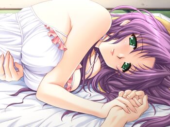 1girl aoi_sakura_(tsuma_shibori) breasts dress futon game_cg green_eyes holding_hands jewelry kuroda_akimi large_breasts long_hair looking_at_viewer lying non-web_source official_art parted_bangs purple_hair ring sideways sleeveless sleeveless_dress smile tsuma_shibori tsumamigui_(series) wedding_ring