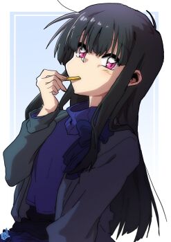 1girl absurdres black_hair black_jacket blue_background blue_shirt blue_skirt borrowed_character eating edkuroki food french_fries highres holding holding_food jacket long_hair looking_at_viewer open_mouth original outline pink_eyes shirt signature skirt solo turtleneck turtleneck_shirt upper_body white_outline