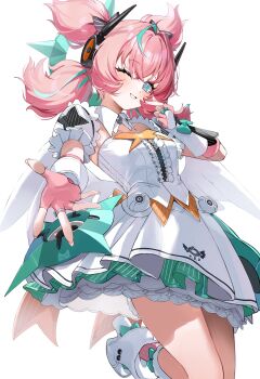 Rule 34 | + +, 1girl, absurdres, aria (zenless zone zero), blue eyes, commentary request, dress, finger heart, fingerless gloves, fingernails, gloves, headphones, highres, nemun (tamizzz), one eye closed, pink hair, quad tails, smile, white background, white dress, zenless zone zero, zipper