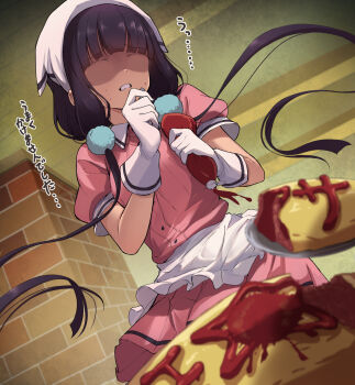 1girl apron black_eyes black_hair blend_s breasts empty_eyes food food_writing globe hair_ornament headscarf highres ketchup kootee-on long_hair maid omelet omurice sakuranomiya_maika small_breasts stile_uniform sweat white_headscarf