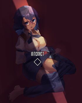 1girl absurdres apron apron_lift barefoot breasts cleavage clothes_lift dark-skinned_female dark_skin feet female_focus full_body glasses gloves hair_between_eyes highres large_breasts long_sleeves matching_hair/eyes nowaacs open_clothes open_shirt pants purple_apron purple_eyes purple_gloves purple_hair purple_pants red_background shirt simple_background sister_atla sitting solo the_citadel thighs toes white_shirt