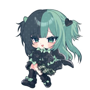1girl :3 aqua_hair black_hair black_leg_warmers black_mittens black_shoes black_sweater blunt_bangs bow chibi chibi_only commentary commission double-parted_bangs footwear_bow full_body furrowed_brow green_bow green_eyes green_skirt hair_ornament hands_on_own_chin hands_up heart heart_hair_ornament highres indie_virtual_youtuber invisible_chair knees_together_feet_apart lace lace-trimmed_skirt lace_trim leg_warmers long_hair long_sleeves looking_ahead mittens multicolored_hair mumumo open_mouth plaid_clothes plaid_skirt pleated_skirt ribbed_leg_warmers second-party_source shoes simple_background sitting skirt solo split-color_hair sweater tachi-e tsurime two_side_up white_background wrist_bow
