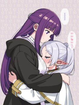 ... 2girls black_robe blunt_bangs blush breasts capelet commentary_request dress earrings elf face_to_breasts fern_(sousou_no_frieren) frieren green_eyes grey_hair half-closed_eyes half_updo highres hug jewelry large_breasts long_hair multiple_girls nattocurryumeee parted_bangs pointy_ears purple_eyes purple_hair robe smelling sousou_no_frieren speech_bubble spoken_ellipsis sweatdrop teardrop_earrings text_background translation_request very_long_hair white_capelet white_dress yuri