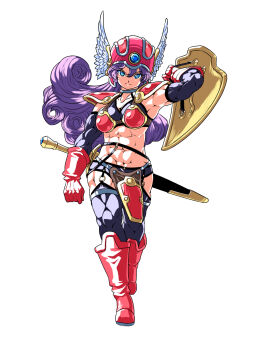 1girl abs armor bikini_armor black_panties black_sleeves black_socks blue_eyes boots breasts choker cleavage clenched_hand commentary_request curly_hair detached_sleeves dragon_quest dragon_quest_iii full_body gloves helmet highres holding holding_shield long_hair looking_at_viewer medium_breasts midriff mochimochinpo muscular muscular_female o-ring o-ring_legwear panties purple_hair red_armor red_boots red_gloves red_helmet scabbard sheath sheathed shield silver_choker silver_thighlet socks solo sword thighlet underwear warrior warrior_(dq3) weapon white_background winged_helmet