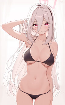 Rule 34 | 1girl, absurdres, adjusting hair, alternate breast size (larger), bikini, black bikini, black hairband, blue archive, breasts, collarbone, commentary, hair lift, hairband, hand in own hair, highres, kei (blue archive), kei (new body) (blue archive), long bangs, long hair, medium breasts, origami (poinia), parted lips, pink eyes, solo, swimsuit, very long hair, white hair