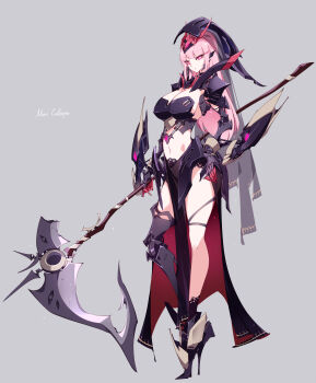 1girl absurdres alternate_costume armor bikini_armor black_armor breasts character_name cleavage commentary cosplay full_body grey_background gundam gundam_gremory gundam_gremory_(cosplay) gundam_tekketsu_no_orphans gundam_tekketsu_no_orphans_gekkou highres holding holding_scythe hololive hololive_english legs long_hair looking_at_viewer medium_breasts mori_calliope navel pink_hair raptor7 scythe simple_background solo thighs virtual_youtuber