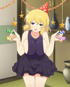 1girl :3 :d architecture arms_up black_skirt black_tank_top blonde_hair blue_eyes blue_tank_top breasts breasts_squeezed_together east_asian_architecture green_eyes hat heterochromia holding holding_party_popper indoors large_breasts leaning_forward looking_at_viewer medium_hair messy_hair miniskirt official_art open_mouth party_hat party_popper ryouna_(senran_kagura) senran_kagura senran_kagura_new_wave shelf sideboob skirt sliding_doors smile solo star_(symbol) streamers tank_top tatami vase