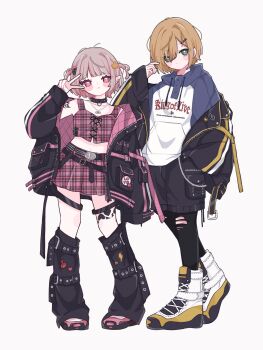 1boy 1girl :&lt; arm_belt bat_necklace belt belt_buckle black_belt black_collar black_jacket black_leg_warmers black_leggings black_shorts black_straps blonde_hair blue_hood blunt_bangs blush_stickers boots buckle chain chain_necklace character_name closed_mouth clothes_writing collar collarbone colored_inner_hair crop_top cross-laced_clothes cross-laced_top drawstring earclip flame_print food_print fruit_print full_body green_eyes grey_hair hair_intakes hair_ornament hair_over_one_eye hairclip hand_in_pocket hand_up heart heart_print highres hood hood_down hoodie jacket jewelry lace-up_boots lapels leg_belt leg_tattoo leg_warmers leggings lightning_bolt_print looking_at_viewer loose_belt makaino_ririmu makaino_ririmu_(6th_costume) midriff miniskirt multicolored_hair multicolored_hair_bobbles multiple_belts navel necklace nijisanji no_headwear notched_lapels o-ring o-ring_collar o-ring_thigh_strap off_shoulder open_belt open_clothes open_jacket pendant pink_belt pink_hair pink_jacket pink_shoes pink_skirt pink_streaks plaid_clothes plaid_skirt pleated_skirt pocket pointy_ears print_hoodie qyupuu red_eyes shoelaces shoes short_hair shorts shoulder_tattoo side-by-side simple_background skirt sleeves_past_fingers sleeves_past_wrists spiked_collar spikes standing star_(symbol) star_hair_ornament strawberry_print streaked_hair studded_belt tattoo thigh_strap torn_clothes torn_leggings two-sided_fabric two-sided_jacket two-tone_hair two_side_up unbuttoned unzipped uzuki_kou uzuki_kou_(5th_costume) v v_over_eye virtual_youtuber wallet_chain white_background white_boots white_hoodie winged_heart winged_heart_tattoo wolf_cut yellow_belt yellow_trim zipper zipper_top