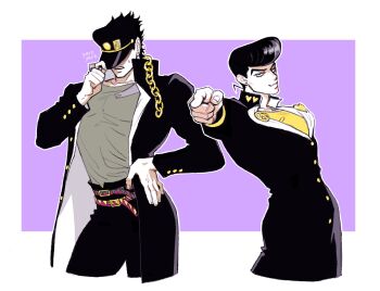 2boys absurdres belt black_hat black_jacket chain cropped_legs diamond_wa_kudakenai donlemefo eyelashes grey_shirt hat higashikata_josuke higashikata_josuke&#039;s_pose highres jacket jojo_no_kimyou_na_bouken jojo_pose kujo_jotaro&#039;s_pose kuujou_joutarou looking_at_viewer male_focus multiple_belts multiple_boys pose_switch shirt short_hair smile stardust_crusaders sweatdrop uncle_and_nephew yellow_shirt