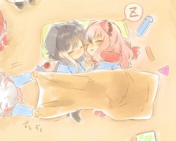 5girls adapted_costume african_elephant_(kemono_friends) aged_down animal_ears apple bird_wings black-headed_ibis_(kemono_friends) blanket blush child closed_eyes commentary_request elephant_ears extra_ears food fruit greater_flamingo_(kemono_friends) grey_hair grey_neckwear head_wings holding_hands japanese_crested_ibis_(kemono_friends) kemono_friends kindergarten_uniform long_hair long_sleeves moeki_(moeki0329) multiple_girls pillow pink_hair red_neckwear scarf scarlet_ibis_(kemono_friends) short_hair sidelocks sleeping spoken_zzz white_hair wings zzz