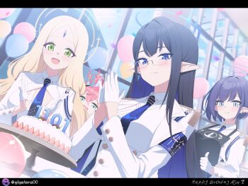 4girls aoi_(blue_archive) apron armband ayumu_(blue_archive) balloon birthday_cake birthday_party black_apron black_hair blonde_hair blue_archive blue_armband blue_eyeliner blue_eyes blue_hair blue_halo blue_necktie cake coat colored_inner_hair earclip eyeliner food forehead_jewel giga-tera glasses gloves green_eyes green_halo green_horns hair_between_eyes half_gloves halo highres horns indoors jacket long_hair makeup mole mole_under_eye momoka_(blue_archive) multicolored_hair multiple_girls necktie pink_hair pointy_ears rimless_eyewear rin_(blue_archive) short_hair smile twintails very_long_hair white_coat white_gloves white_jacket yellow_halo