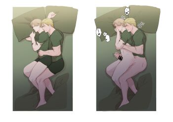 2boys anal bandaid bandaid_on_arm bar_censor bara bed blonde_hair blush bottomless brown_hair censored closed_eyes closed_mouth couple erection green_male_underwear green_shirt handjob highres jack_krauser large_pectorals leon_s._kennedy male_focus male_penetrated male_underwear multiple_boys muscular muscular_male naked_shirt on_bed pectorals penis pillow resident_evil resident_evil_4 resident_evil_4_(remake) sex sex_from_behind shirt short_hair sleeping translation_request underwear ya2der2 yaoi