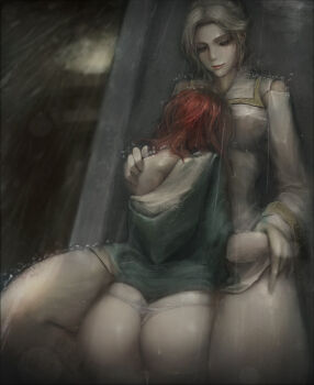 2girls ass dark_souls_(series) dark_souls_i dark_souls_ii emerald_herald gray_bear grey_hair hand_on_another's_shoulder hug multiple_girls nashandra off_shoulder rain red_hair smile thong wet wet_clothes yuri