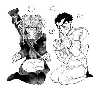 ! !! ... ...! 1boy 1girl animal animal_on_lap armband blush braid buttons cat cat_on_lap closed_mouth collarbone collared_jacket commentary_request danganronpa:_trigger_happy_havoc danganronpa_(series) danganronpa_2:_goodbye_despair eyelashes fingernails flustered frown full_body furrowed_brow gakuran glasses greyscale hair_ribbon high_collar ishimaru_kiyotaka jacket kneeling korean_commentary layered_sleeves long_hair long_sleeves medal miniskirt monochrome neckerchief nervous_sweating no_shoes on_lap pants pantyhose pekoyama_peko pleated_skirt pocket protected_link ribbon sailor_collar school_uniform serafuku sheath sheathed shirt short_hair shoulder_pads sidelocks simple_background skirt socks spoken_ellipsis spoken_exclamation_mark sweat sword sword_on_back thick_eyebrows twin_braids v-shaped_eyebrows weapon weapon_on_back white_background wosing_(washing_dg)