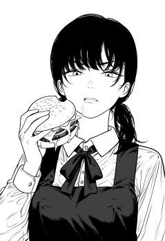 1girl burger chainsaw_man cum cum_on_food dress long_sleeve_shirt looking_at_viewer mitaka_asa monochrome mordredpenx pinafore_dress shirt sleeveless sleeveless_dress white_shirt