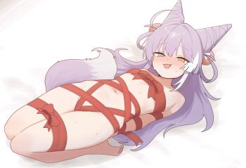 1girl arms_behind_back blue_eyes blush bound bound_legs bow bow_bra bra commentary_request cone_hair_bun embarrassed false_smile fang fox_girl fox_tail full_body hair_bun heterochromia highres korean_commentary leeleo_25 legs_folded long_hair looking_at_viewer lying multicolored_hair naked_ribbon navel on_back purple_hair raised_inner_eyebrows red_ribbon ribbon ribbon_as_bra ribbon_bondage simple_background smile stellive stomach sweat tail tearing_up tears tenko_shibuki two-tone_hair underwear virtual_youtuber white_background white_hair white_streaks yellow_eyes