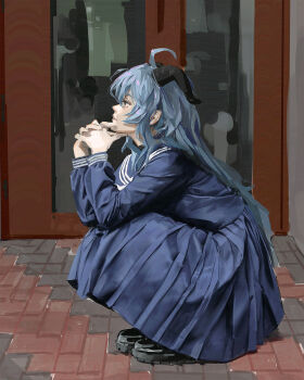 1girl ahoge black_horns black_shoes blue_hair blue_serafuku brick_floor closed_eyes commentary from_side ganyu_(genshin_impact) genshin_impact goat_horns hands_on_own_face highres horns long_hair long_skirt painterly pleated_skirt pluvium_grandis sanpaku school_uniform serafuku shoes sidelocks skirt solo squatting