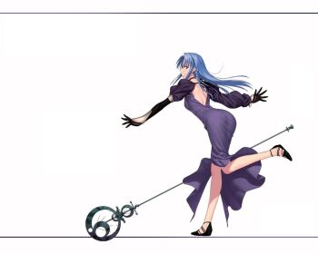 00s 1girl ass back black_gloves blue_hair braid dress exif_thumbnail_surprise fate/stay_night fate_(series) female_focus gloves green_eyes hecate&#039;s_staff_(fate) leg_lift leg_up legs long_dress long_hair looking_back medea_(caster)_(fate) medea_(fate) outstretched_arms pointy_ears profile running shoes simple_background single_braid solo staff white_background