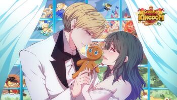 3girls 5boys age_matters bare_shoulders black_bow black_bowtie blonde_hair bow bowtie brown_eyes chili_pepper_cookie closed_mouth commentary cookie_run cookie_run:_kingdom copyright_logo custard_cookie_iii daniel_yoon english_commentary enjelicious formal_clothes gingerbrave green_hair grey_eyes knight_cookie logo long_hair madeleine_cookie multiple_boys multiple_girls official_art official_art_inset pink_lips promotional_art rose_choi rye_cookie short_hair suit white_suit wizard_cookie