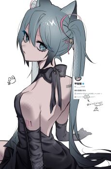 1girl animal_ears aqua_eyes aqua_hair arm_tattoo back backless_dress backless_outfit barcode barcode_tattoo bare_back bare_shoulders bell black_bow black_dress black_gloves bow breasts cat_ears cat_girl closed_mouth commentary dress elbow_gloves expressionless from_behind gloves hair_between_eyes halterneck hatsune_miku highres jingle_bell kemonomimi_mode long_hair looking_at_viewer looking_back number_tattoo pink_ribbon ribbon sakumi_kumori screenshot_inset shoulder_tattoo sidelocks signature simple_background sitting sleeveless slit_pupils small_breasts solo tattoo translation_request turning_head twintails very_long_hair vocaloid white_background