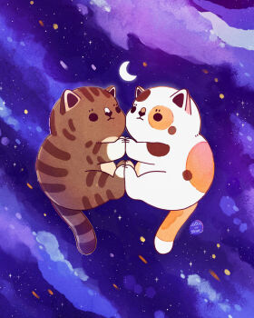 Rule 34 | animal, animal focus, artist logo, artist name, brown cat, cat, cloud, commentary, crescent moon, ellievsbear, english commentary, floating, full body, highres, logo, moon, multicolored cat, night, night sky, no humans, original, outdoors, painting (medium), signature, sky, star (sky), traditional media, watercolor (medium)