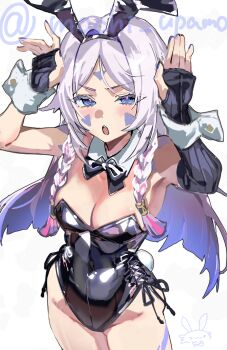 1girl absurdres animal_ears armband bare_shoulders black_armband black_bow black_bowtie black_leotard blue_eyes bow bowtie breasts citlali_(genshin_impact) commentary_request facial_mark fake_animal_ears genshin_impact highres large_breasts leotard long_hair looking_at_viewer mochi_upamo open_mouth pink_hair playboy_bunny rabbit_ears rabbit_pose simple_background solo thighs triangle triangle_facial_mark twitter_username very_long_hair white_background white_hair wrist_cuffs