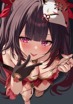 1girl bell black_choker black_gloves blurry breasts brown_hair butterfly-shaped_pupils choker criss-cross_halter depth_of_field dress feet flower_tattoo fox_mask from_above gloves halterneck highres hizuki_higure honkai:_star_rail honkai_(series) large_breasts long_hair looking_at_viewer mark_under_both_eyes mask mask_on_head neck_bell open_mouth pink_eyes red_dress red_nails sandals single_glove smile solo sparkle_(honkai:_star_rail) symbol-shaped_pupils tattoo teasing toes twintails