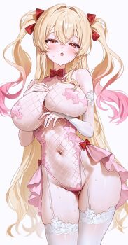 1girl absurdres bare_shoulders blonde_hair bow bowtie breasts bridal_gauntlets cleavage commission cowboy_shot demonia_(hiyono) fishnet_leotard fishnets fymrie garter_straps gradient_hair hand_on_own_chest highleg highleg_leotard highres large_breasts leotard long_hair looking_at_viewer multicolored_hair navel open_mouth original pasties pink_hair red_eyes simple_background skindentation solo sweat thigh_gap thighhighs thighs two-tone_hair two_side_up very_long_hair white_background white_thighhighs