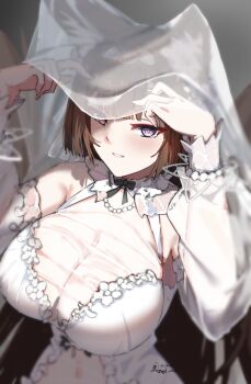 1girl absurdres alternate_costume amagi_(azur_lane) amagi_(cv)_(azur_lane) amagi_(cv)_(moonlit_blossom_on_placid_seas)_(azur_lane) animal_ears azur_lane breasts bridal_veil brown_hair collar dated dress eyeshadow flower fox_ears fox_girl frilled_collar frilled_dress frilled_sleeves frills highres jewelry kitsune large_breasts looking_at_viewer makeup necklace official_alternate_costume pearl_necklace puffy_sleeves purple_eyes see-through_clothes see-through_dress signature simple_background smile solo sundajin_asagi upper_body veil wedding_dress white_dress