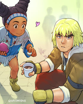 Rule 34 | 1boy, 1girl, black hair, blonde hair, brown jacket, coffee, coin, commentary, cup, dark-skinned female, dark skin, disposable coffee cup, disposable cup, english commentary, heart, highres, jacket, ken masters, lily hawk, looking at viewer, pants, poncho, quasimodox, red pants, short hair, sitting, smile, street fighter, street fighter 6, twintails, wallet